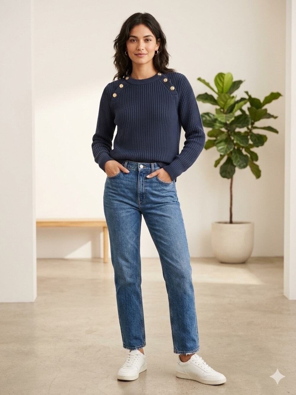 J Crew Women's Navy Blue Sailor Button Shoulder Shaker Knit Pullover Sweater L